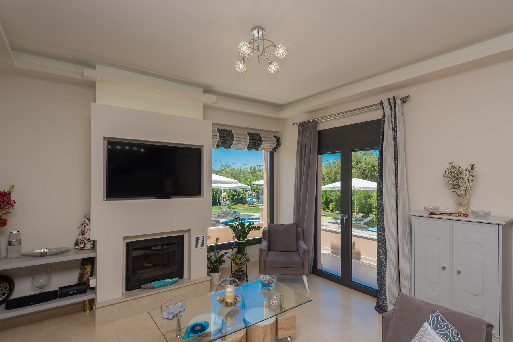 Zakynthos villa living room with pool view, Romanza Villa I