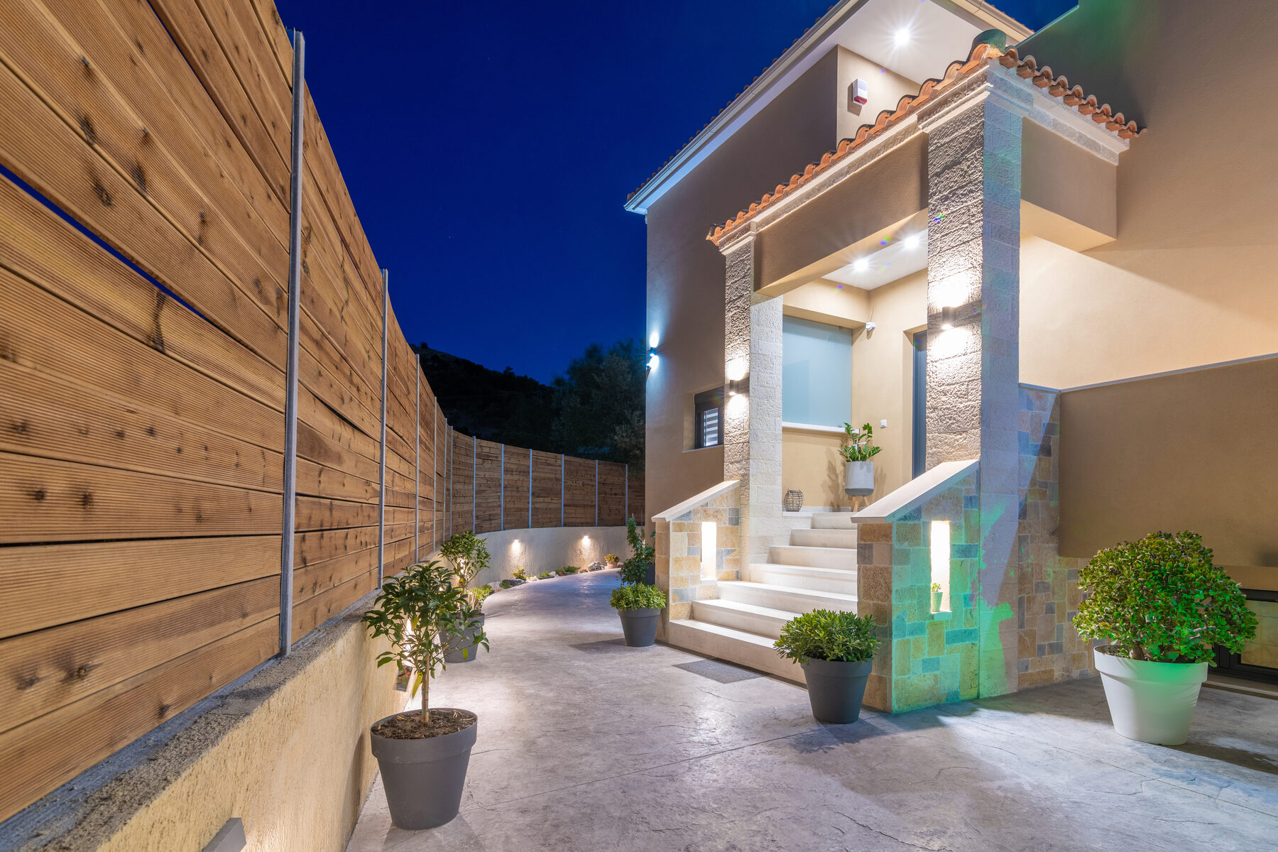 Zakynthos villa Kalamaki exterior at night, Romanza Villa II
