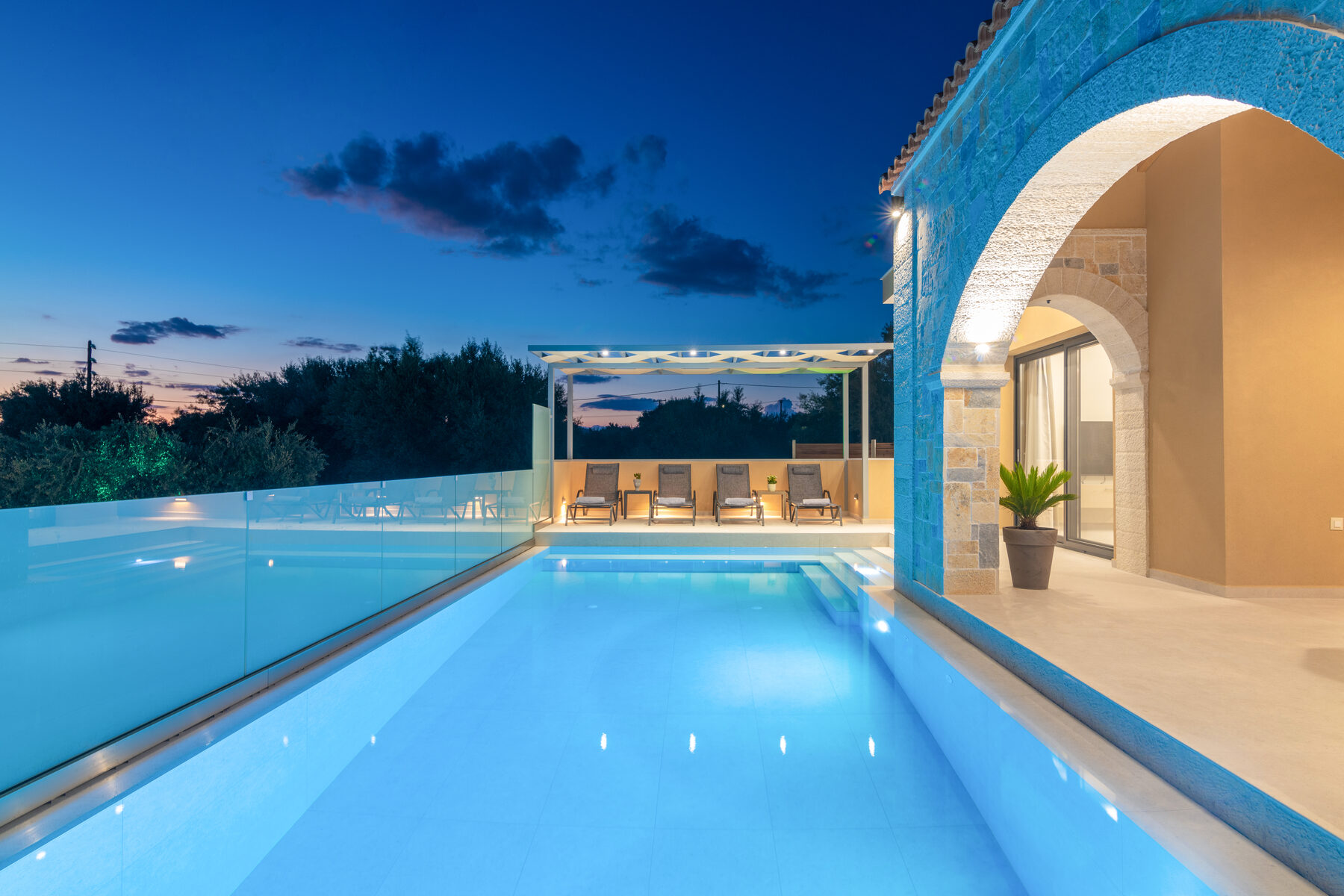 Zakynthos villa private pool at dusk, Romanza Villa II