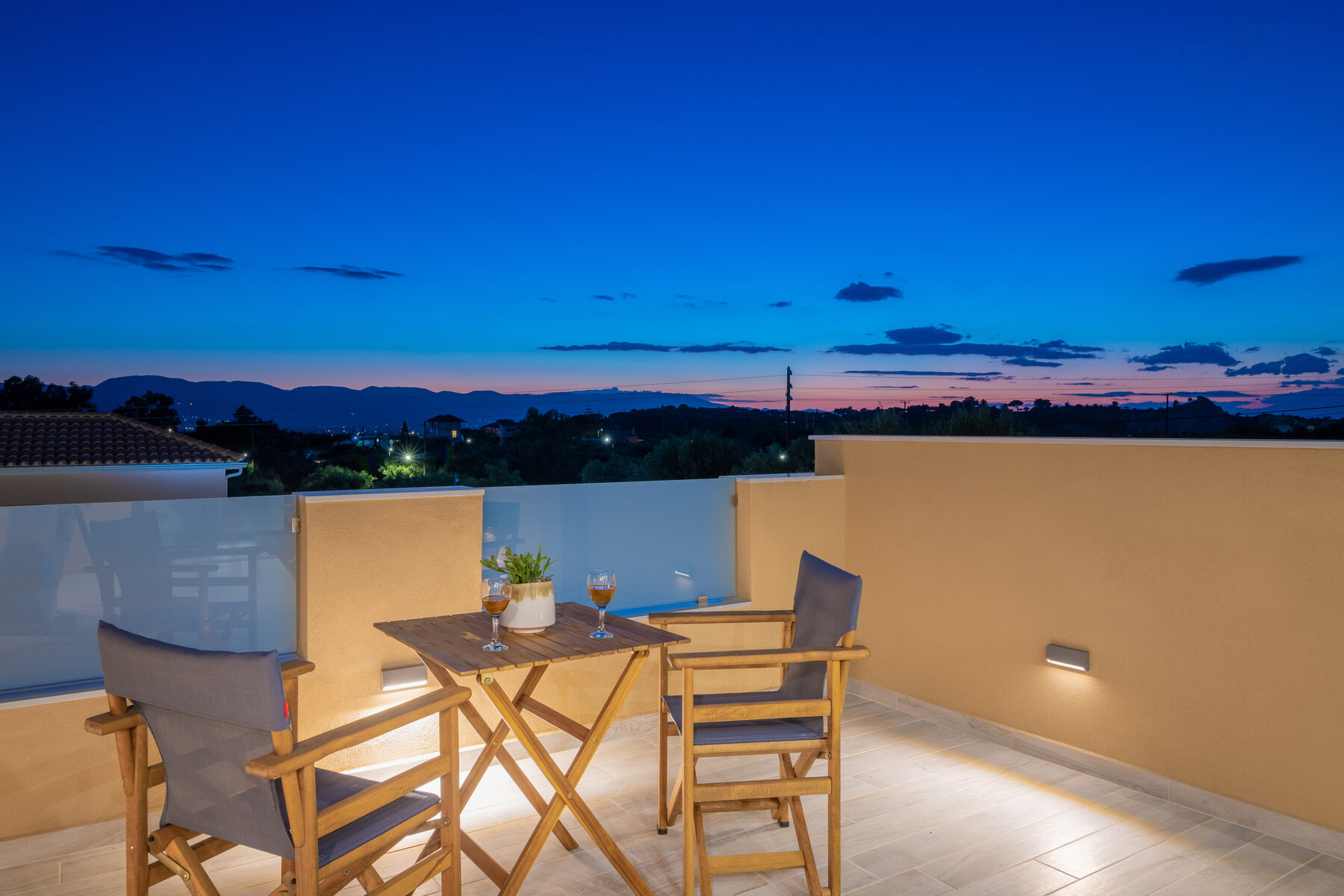Zakynthos villa upper terrace at dusk, Romanza Villa II